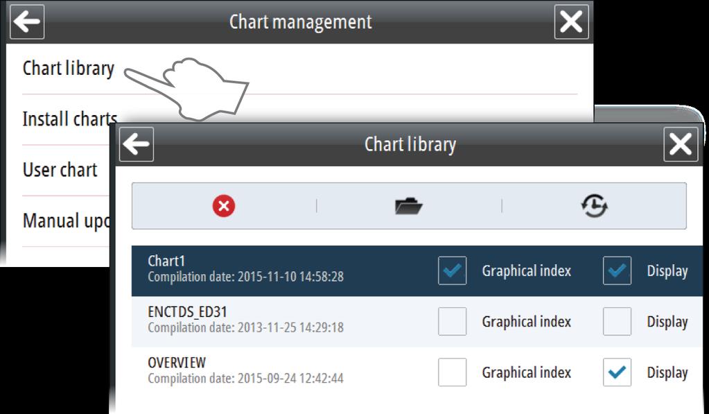 Kartbiblioteket Alle kartdatabaser som er installert i systemet, er oppført i Chart library (Kartbibliotek).