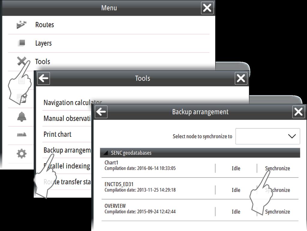 Manuell datasynkronisering Du kan sikkerhetskopiere data på et ECDIS-system manuelt ved hjelp av andre sammenkoblede ECDIS-systemer.