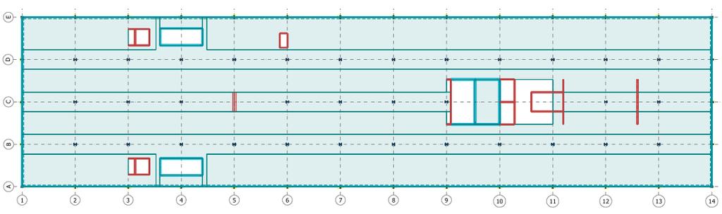 Masteroppgave 14 Figur 3..: Aksesystem i FEM-Design for Gamle Odontologiske Bygg Bergen vist i plan, Vido 1. Nord-enden av bygget er fundamentert direkte på fjell.