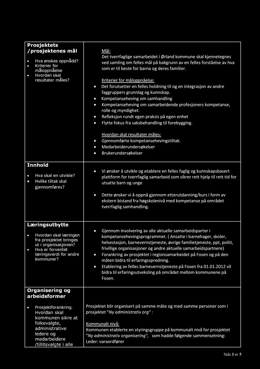 Prosjektets /prosjektenes mål Hva ønskes oppnådd? Kriterier fo r måloppnåelse Hvordan skal resultater måles?