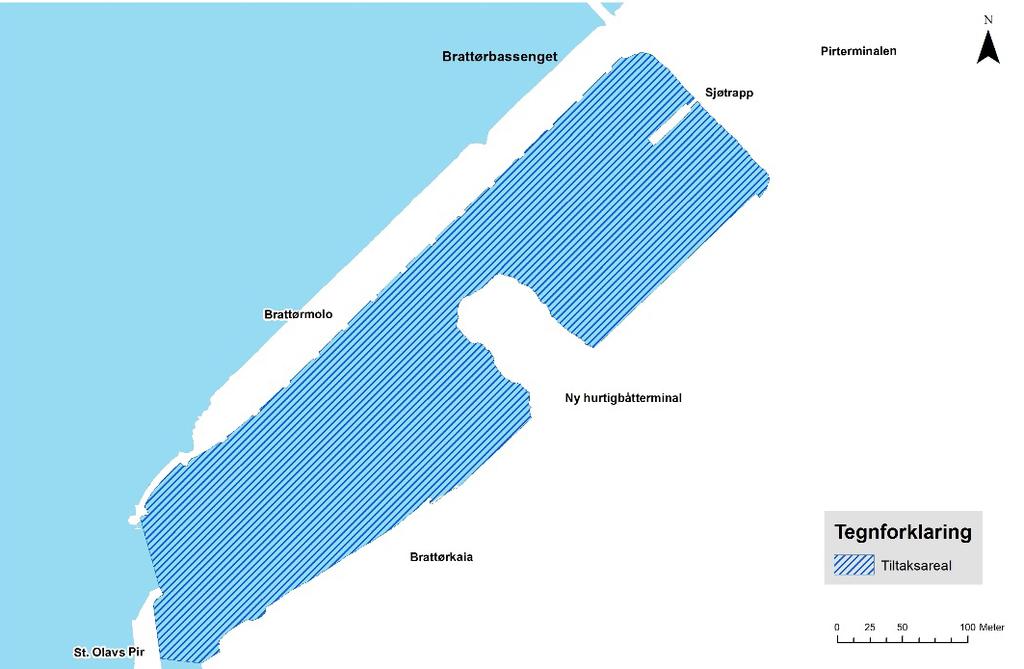 Dokumentnr.: 20130339-03-R Rev. nr.: 1, 30. mai 2014 Side: 8 Figur 2.3 Tiltaksområde Brattøra (skravert) 2.1.3 Nyhavna Området er ca. 130.000 m 2 og ligger rett øst for utløpet av Nidelva.