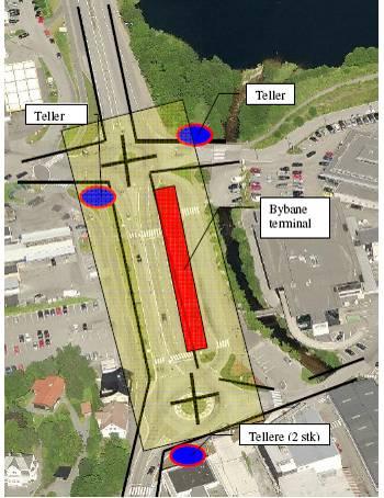 1.3 Område- og situasjonsbeskrivelse NOTAT Side: 10 av 21 De to kryssene som er omfattet av tellingene ligger henholdsvis like nord og sør for bussterminalen (Bybane-terminalen) på Nesttun.