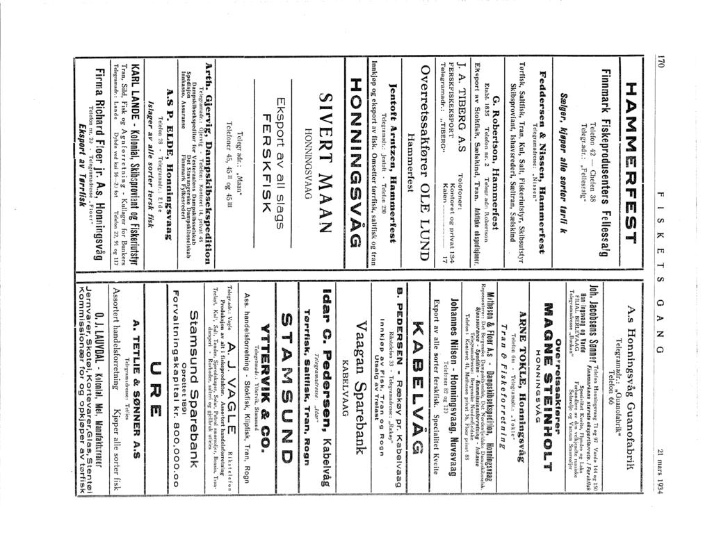70 f S K E T S o A N O 2 mars 934 HAMM RFEST Finnmark Fiskeprodusenters Fellessafg Telefon 42 Chefen 38 Telegr.adr.: "Felles:alg" Sælger, kjøper alle sorler tørti k Feddersen & Nissen, Han.