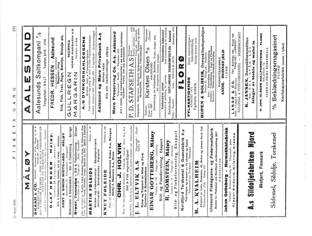 2 mars 934 F SKETS GANG 7 ~~~~ ~~,~~=~ """""""'_""'"""""'... M~Å""""""'L_Ø_V...,.._..." :,'." S : LAGER /W: Fiskeredskaper, Russiske aijer, T ran~ Salt, Cernent. SLAGER KAAR & co.