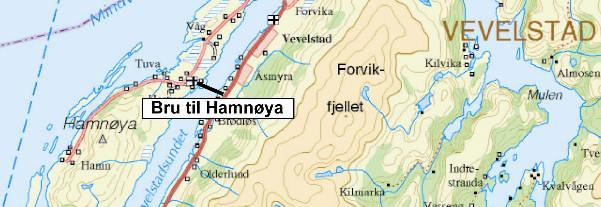 Alternativ 3: Bru til Hamnøya og ferjeleie på Vågsodden Alternativet omfatter bru til Hamnøya, utbedring av fylkesvegen til Vågsodden og ferjeleiet på Vågsodden.