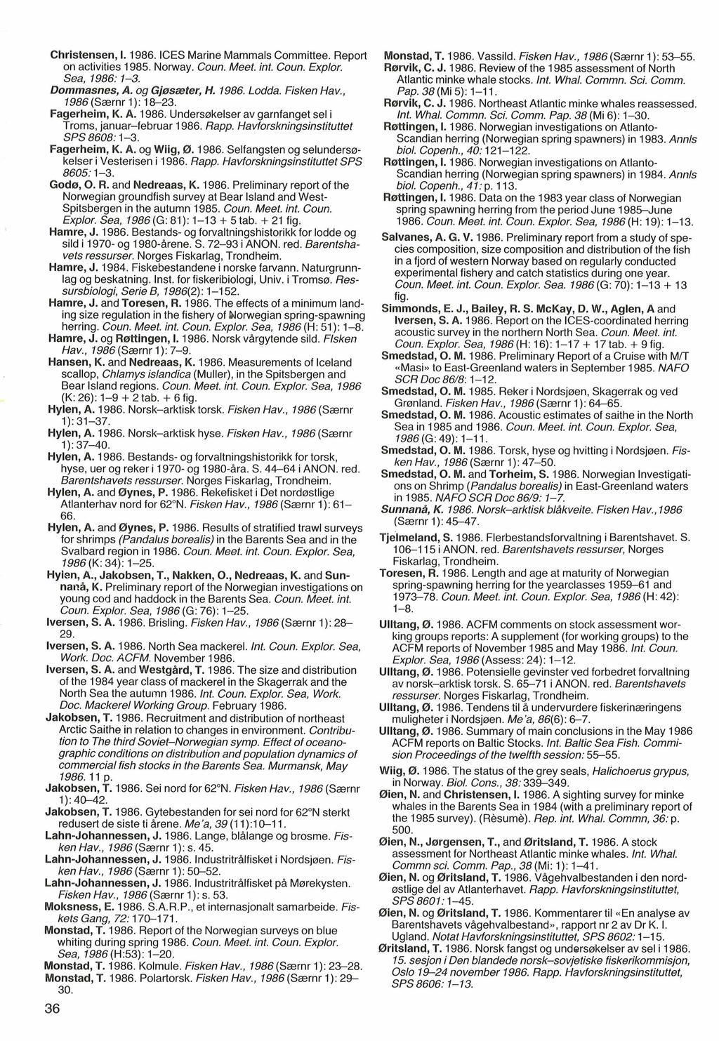 Christensen, 1.1986. ICES Marine Mammals Committee. Report on activities 1985. Norway. Coun. Meet. int. Coun. Explor. Sea, 1986: 1-3. Dommasnes, A. og Gjprsæter, H. 1986. Lodda. Fisken Hav.