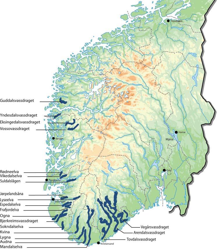 Figur 13.2. Lokalisering av elver som kalkes i dag.