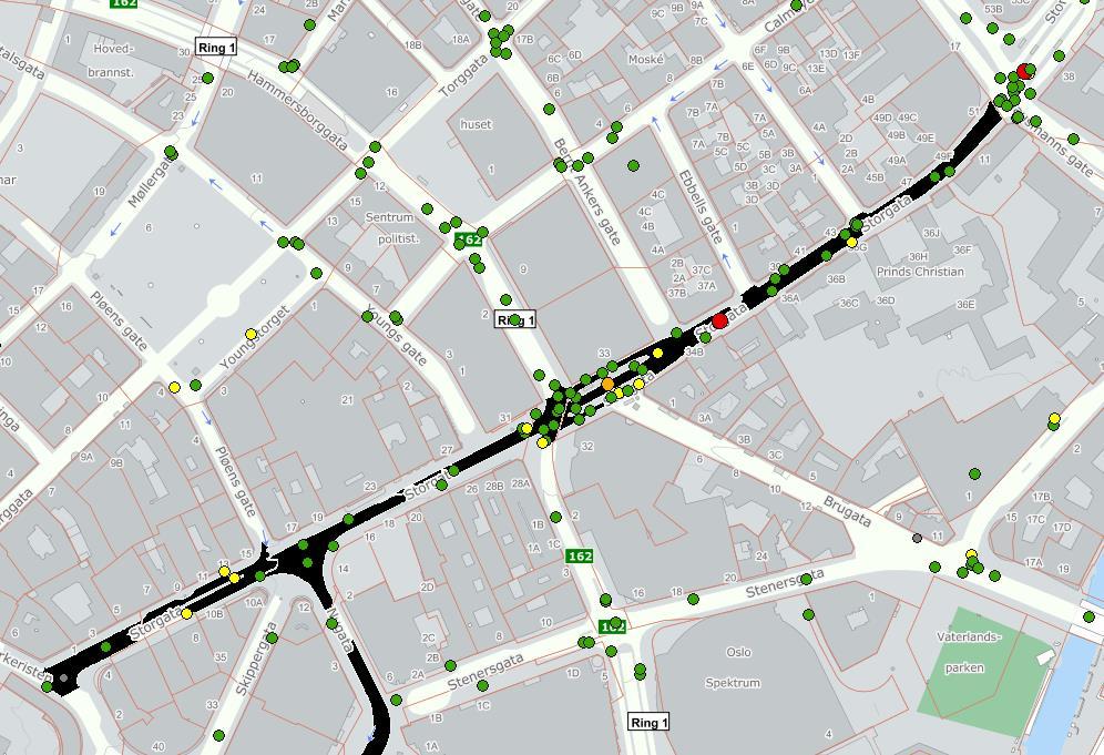 Ulykkessituasjonen Figur 3 viser trafikkulykkene i og rundt Storgata de siste 10 årene. Langs tiltaksstrekningen er det flest ulykker i kryssene Storgata x Hammersborggata og Storgata x gate.