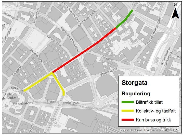 I figurene nedenfor illustreres regulering av kjørefelt i Storgata. Figur 4 viser reguleringen for trafikk som kjører i nordøstlig retning på Storgata og nordlig retning på Nygata.