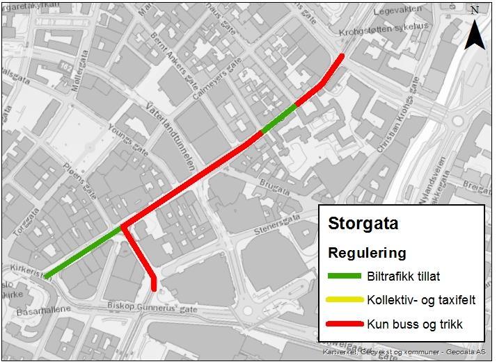 Strekning med gult er kollektiv- og taxifelt. Strekning med grønt er kjørefelt kun for buss og trikk. Strekning med rødt er kjørefelt der biltrafikk er tillatt.