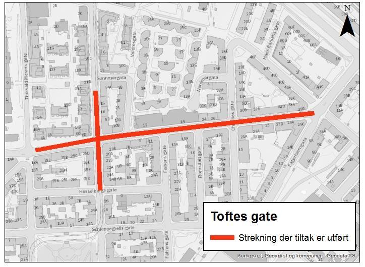 Figur 13: Strekningen av Toftes gate som er berørt av tiltaket er markert med rødt.