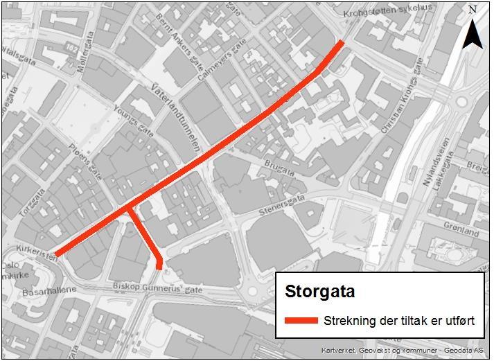 3. STORGATA - FJERNING AV TAXI OG REGIONBUSS Type tiltak Lengde Iverksatt Kort beskrivelse Strekningstiltak Ca. 500 m 5.10.2014 (regionbuss), 12.11.