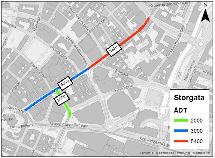 ÅDT og fartsgrenser NVDB (Nasjonal Vegdatabank) oppgir en ÅDT på mellom 3 000 5 400 kjt/døgn i den delen av Storgata som er berørt av tiltaket, med størst trafikk på østre del.