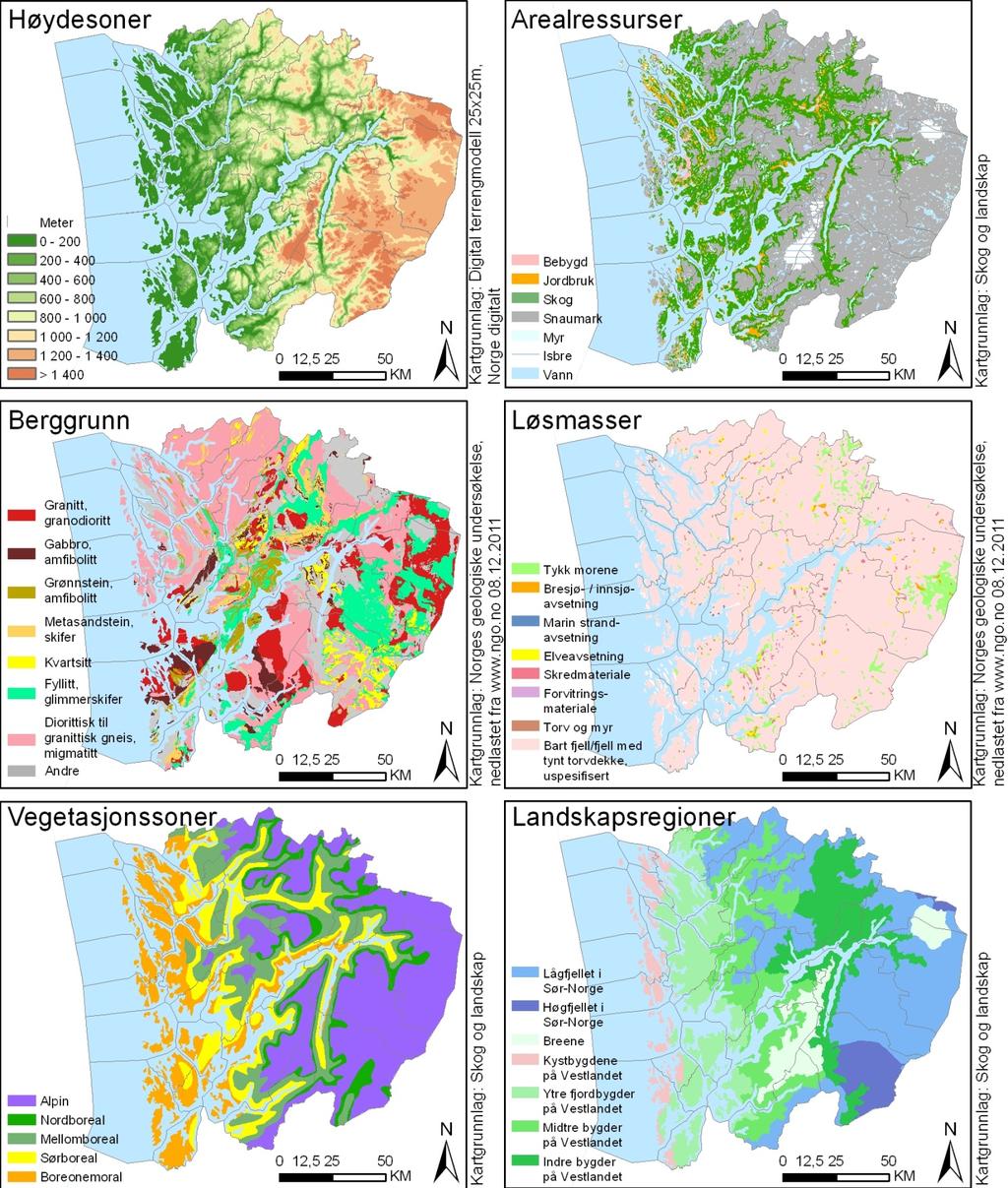 Figur 2 Kart over høydesoner, berggrunn, vegetasjonssoner,