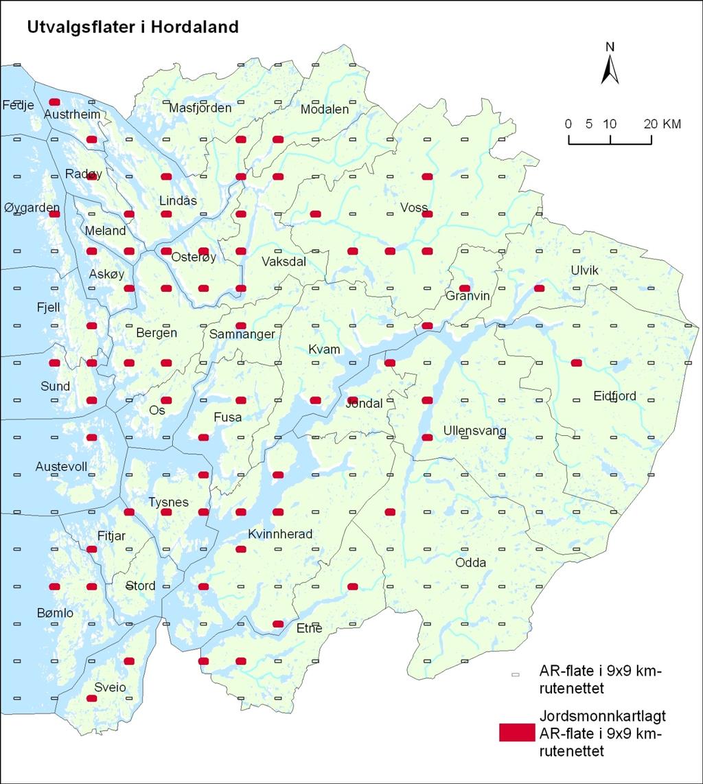 Figur 3 Oversikt over utvalgsflater i et 9x9 km rutenett i Hordaland. 2.