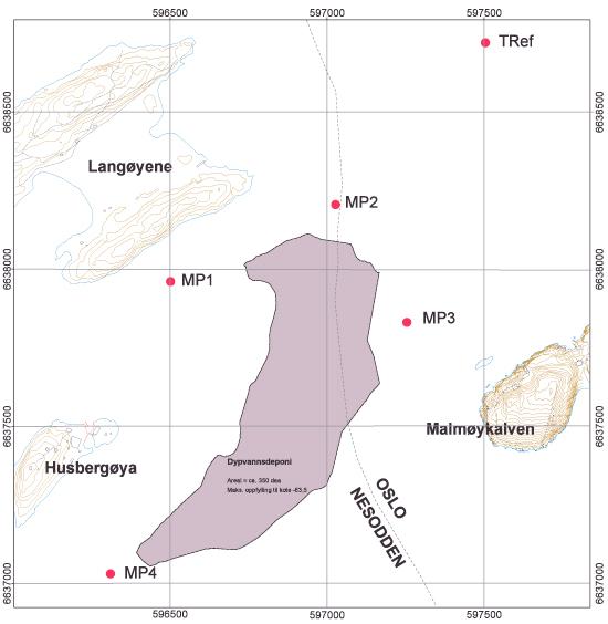 Overvåkning ved nedføring i dypvannsdeponi Det er utplassert overvåkningsbøyer som måler partikkelmengde i vann (turbiditet) rundt dypvannsdeponiet (målepunkt MP1-MP4). Målesensorene står ca.