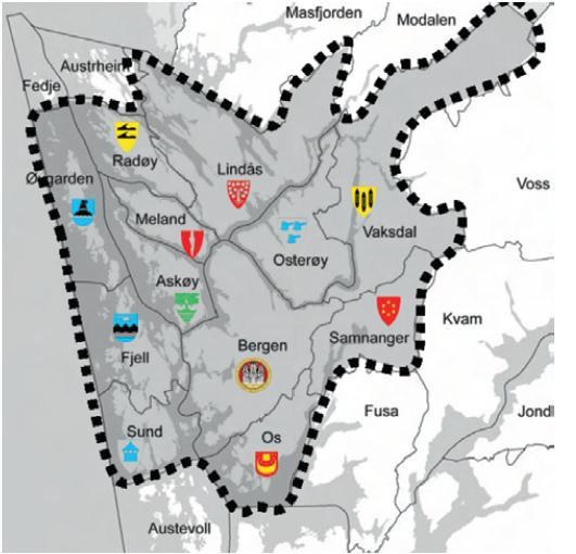 Geografisk avgrensning av planområdet Planområdet består av de samme 12 kommunene som er med i konseptvalgutgreiingen (KVU) for Bergensområdet; Bergen, Askøy, Fjell, Lindås, Meland, Os, Osterøy,