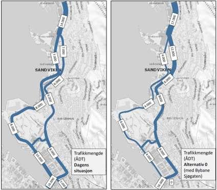 Figur 12 Trafikkmengder i Sandviken i 2015 slik tallene er beregnet i Contrammodellen, sammenlignet med beregnet