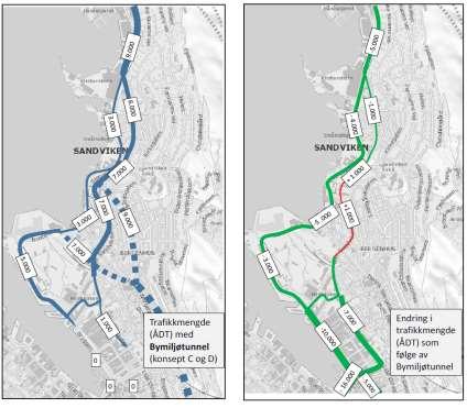 Figur 13 Beregnede trafikkmengder i Sandviken med Bymiljøtunnel, og beregnet endring i ÅDT sammenlignet med beregning av