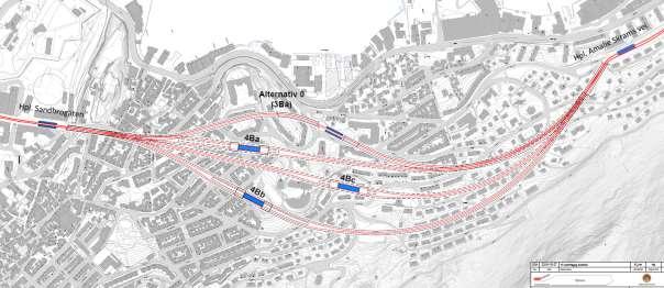 Figur 17 Oversikt nye alternativ; 4Ba, 4Bb og 4Bc Det er i tillegg sett på å bruke traséen fra 0-alternativet (3Ba), med nedsenket stasjon under bakken.
