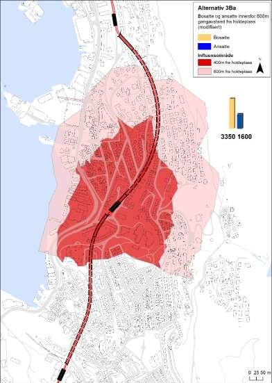 Passasjergrunnlag for 0-alternativet (3Ba) Figur 18 Influensområde passasjergrunnlag alternativ 3Ba fra tidligere utredning (her kalt 0- alternativet).