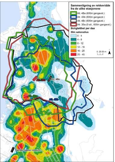 Figur 29. Sammenligning influensområder for de ulike alternativene. Sammenstillingen i tabell 8 viser at alternativ 4Bc gir høyest antall bosatte (ca 3550 bosatte innenfor 600 meter gangavstand).