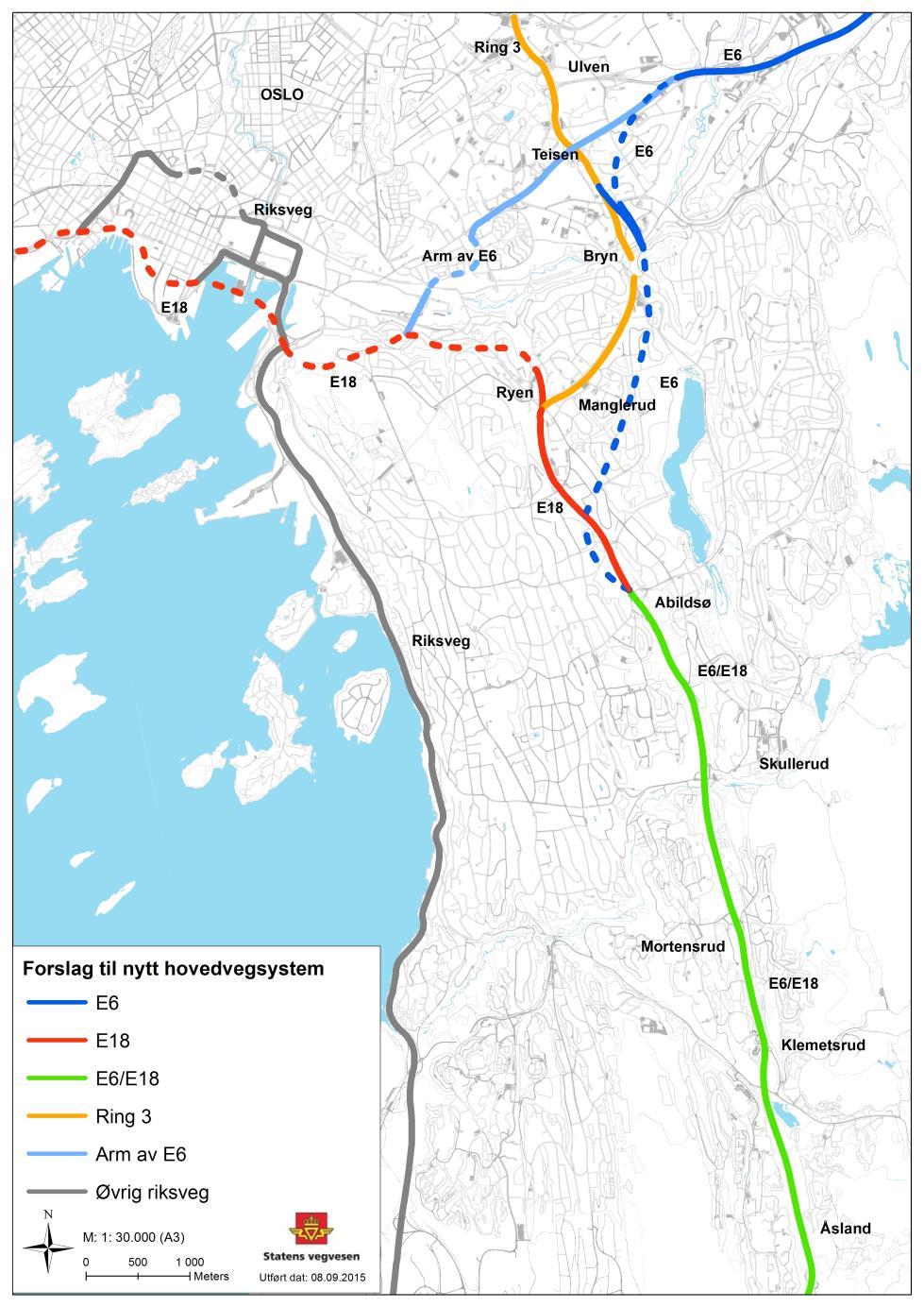 Figur 8 Oversikt over fremtidig vegnett 1.6. Hastigheter i fremtidig vegnett E6 Det er et mål å holde ensartet og helhetlig standard på E6 til og gjennom Oslo.