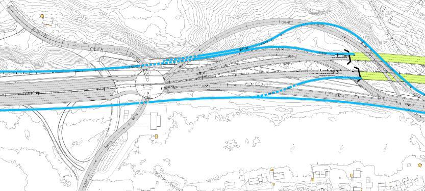 Figur 36: Utforming av Mortensrudkrysset Figur 37: Utforming av Abildsøkrysset o o o o Trafikkmengden for tunge kjøretøy kan øke ved etablering av tungtrafikkfelt, som igjen kan skape