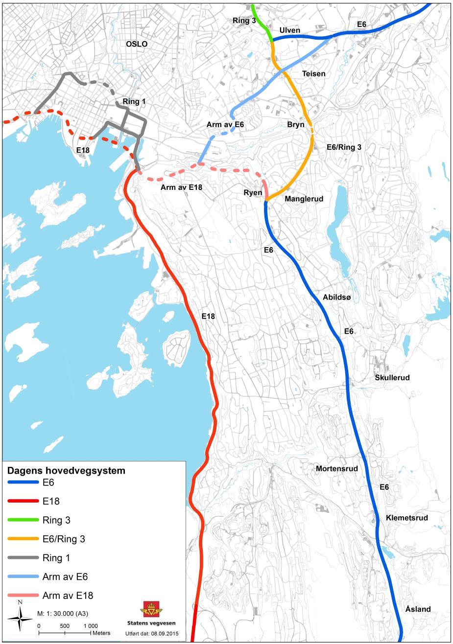 Figur 2 Dagens riksvegnett i Oslo syd, med lokale stedsnavn. Hovedgrepene til E6 Manglerudprosjektet er å: Legge E6 i tunnel mellom Abildsø og Ulven, med en kobling mot Ring 3 i Bryn-området.