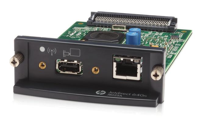 HP Jetdirect 640n-utskriftsserver HP Jetdirect 640n-utskriftsserver har en enkelt RJ-45-port for nettverkstilkobling gjennom en TPkabel. Den har også en rask USB-kontakt på frontpanelet.