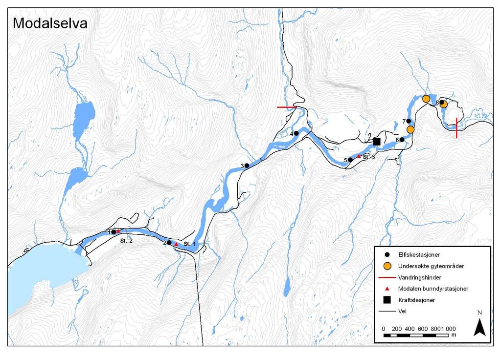 Figur 18. Oversikt over stasjoner for elektrisk fiske og bunndyr, undersøkte gyteområder og vandringshinderet for laks og sjøaure i Modalselva. 4.