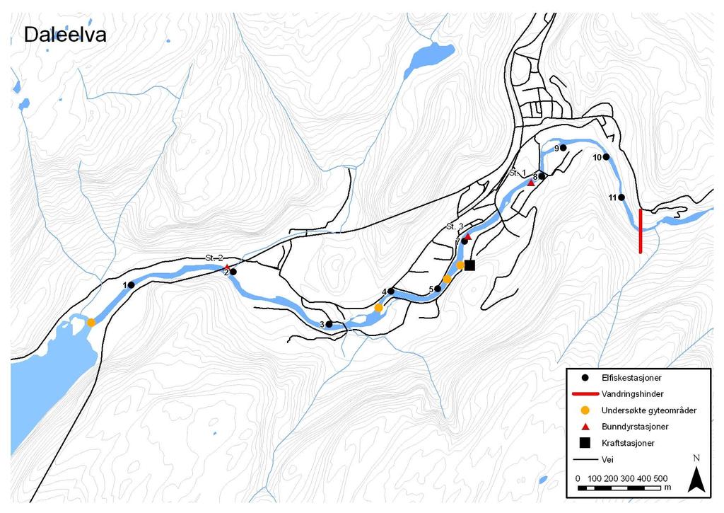 8. Daleelva 8.1 Beskrivelse av vassdraget Daleelva (NVE vassdragsnr. 61.A) utgjør nederste del av Bergsdalsvassdraget og renner ut i Dalevågen som igjen renner ut ved Stanghelle (Figur 78).