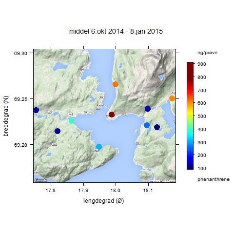 Fordelingen av midlet nivå (3 måneder) for 2-4-ring PAHer er vist i Figur 12 (høyre).