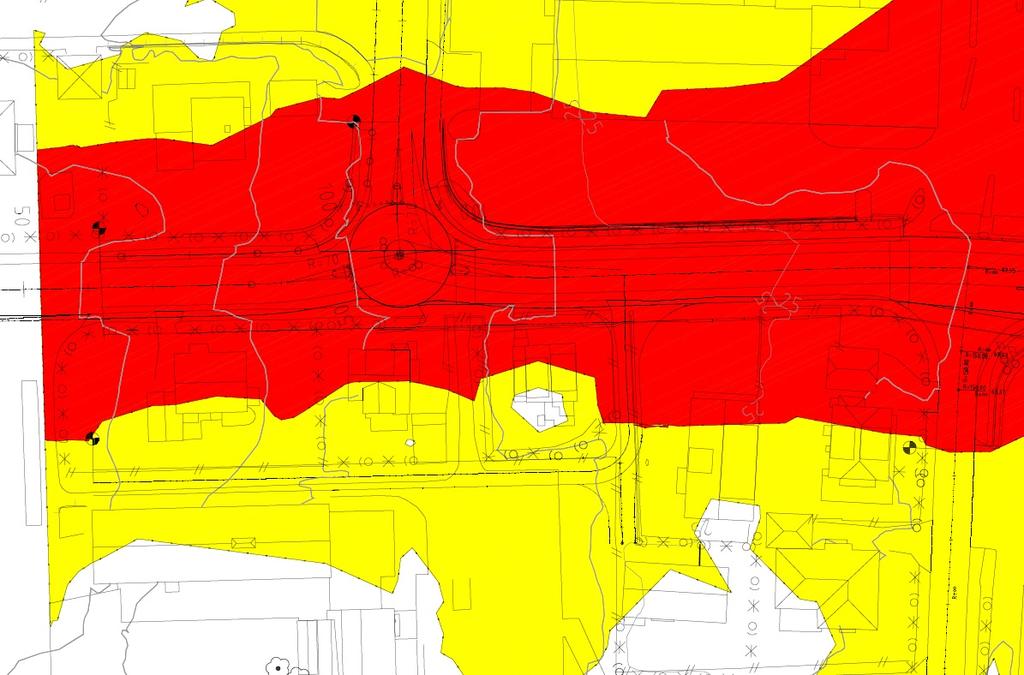 Forslag til reguleringsplan Støyforhold 2 m over bakkenivå Etterskrift: Boliger innenfor rød sone