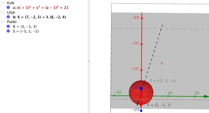 Vi får da de to skjæringspunktene ( 5,, ) og (,, ). Oppgave E66 a Vi finner skjæringspunktene mellom linja og kula ved å sette parameterframstillingen for linja inn i likningen for kula.