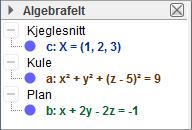 Likningen for tangentplanet blir dermed ( x ) + ( ) ( y ( ) ) + ( ) ( z ) = x 4 y z+ 6= x y z+ = Vi skriver likningen for kula og likningen for tangentplanet i GeoGebra.