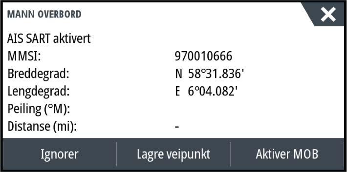 Ú Merk: Ikonet er grønt hvis de mottatte AIS SART-data er en test og ikke en aktiv melding. AIS SART-alarmmelding Når det mottas data fra en AIS SART, vises det en alarmmelding.