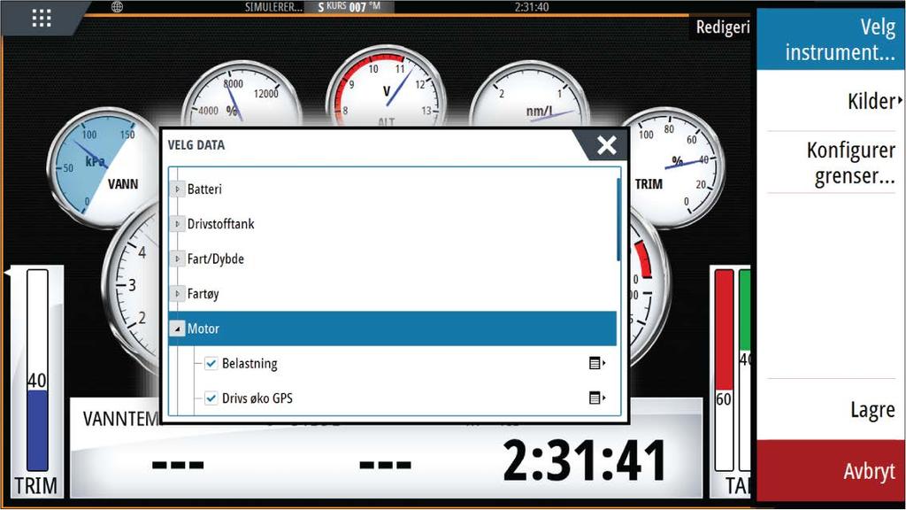 16 Instrumentpaneler Vinduene Instruments består av flere målere (analoge, digitale og stolper) som kan tilpasses slik at de viser valgte data.