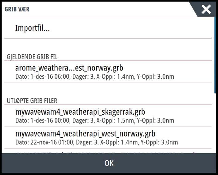 I denne dialogboksen kan du også velge en tilgjengelig GRIB-fil. Når du velger en tilgjengelig i GRIB-fil, importeres filen til minnet.