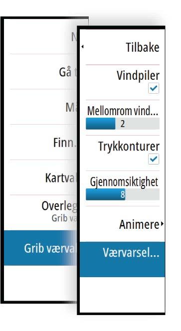 Fra denne menyen kan du velge hvilke værsymboler du ønsker å vise, angi avstanden mellom pilene og justere gjennomsiktigheten til værsymbolene.