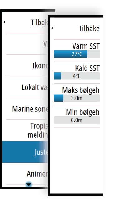 Temperaturen over den varmeste verdien og under den kaldeste verdien vises med gradvis mørkere rød- og blåfarge. Bølger som er høyere enn maksimal verdi, vises med gradvis mørkere rødfarge.