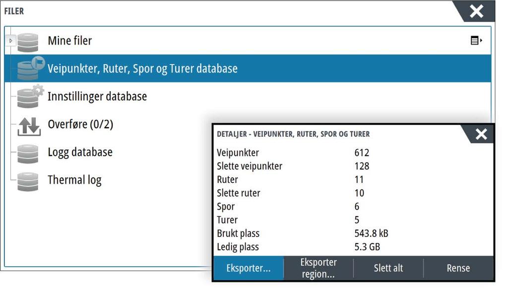 Eksportering av alle veipunkter, ruter og spor Bruk eksportalternativet hvis du vil ta sikkerhetskopi av alle veipunkter, ruter, spor og turer i systemet.