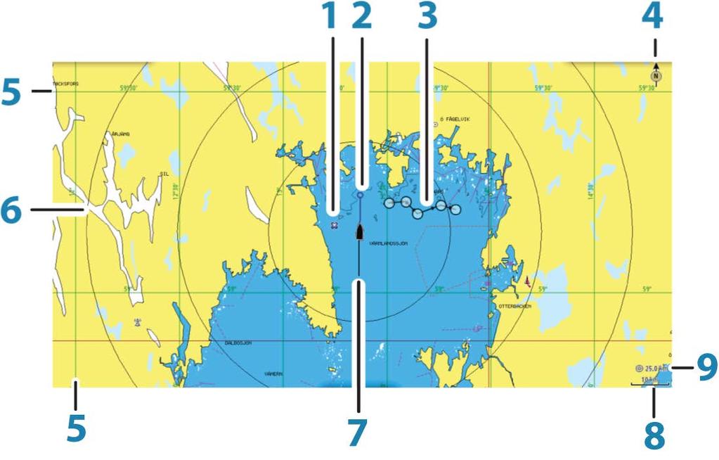 4 Kart Kartfunksjonen viser fartøyets posisjon i forhold til land og andre kartobjekter. På kartvinduet kan du planlegge og navigere langs ruter, plassere veipunkter og vise AIS-mål.