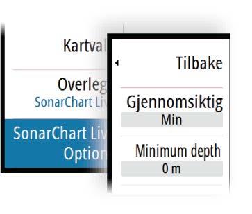 Minste dybde Justerer hva SonarChart Live-analysering anser som sikkerhetsdybden. Dette påvirker skyggeleggingen av SonarChart Live-området.