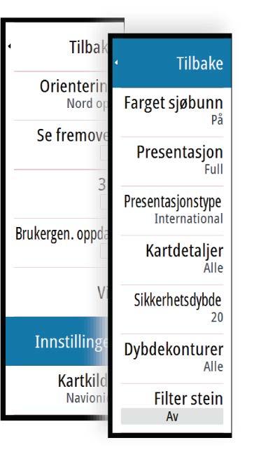 Kartdetaljer Gir deg ulike nivåer med informasjon om geografiske lag. Sikkerhetsdybde Navionics-kartene bruker ulike skygger av blått til å skille mellom grunt og dypt vann.