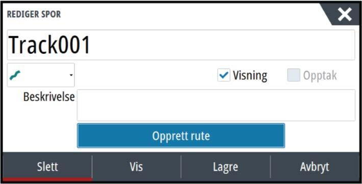 Du kan også åpne dialogboksen Rediger Tracks ved å velge verktøyet Veipunkter på Hjem-skjermvinduet. Dialogboksen Rediger rute Du kan legge til eller fjerne rutepunkter fra dialogboksen Rediger rute.