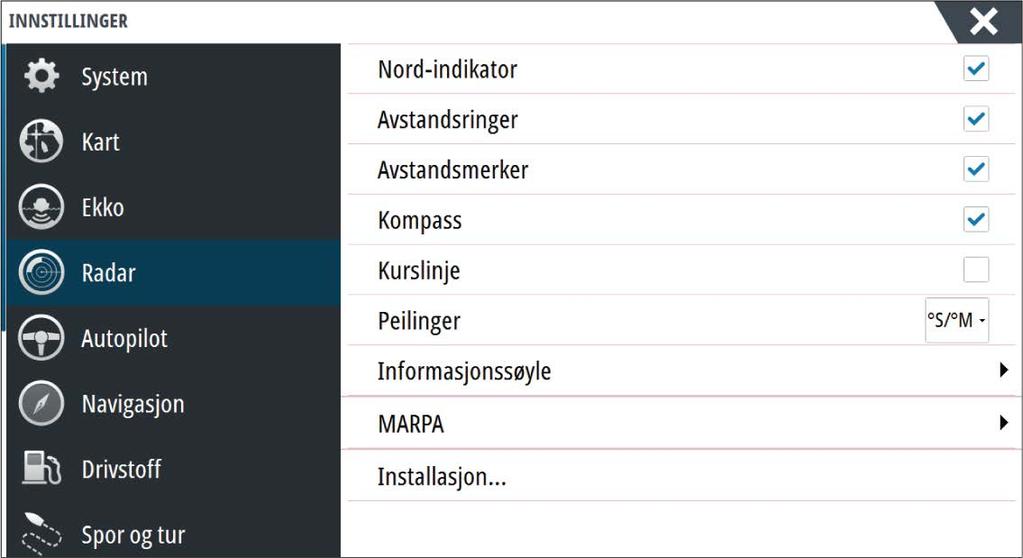 Radarinnstillinger Grafisk info på radar På menyen kan du velge hvilke valgfrie radarelementer som skal aktiveres/deaktiveres samlet. Se illustrasjonen av radarpanelet.