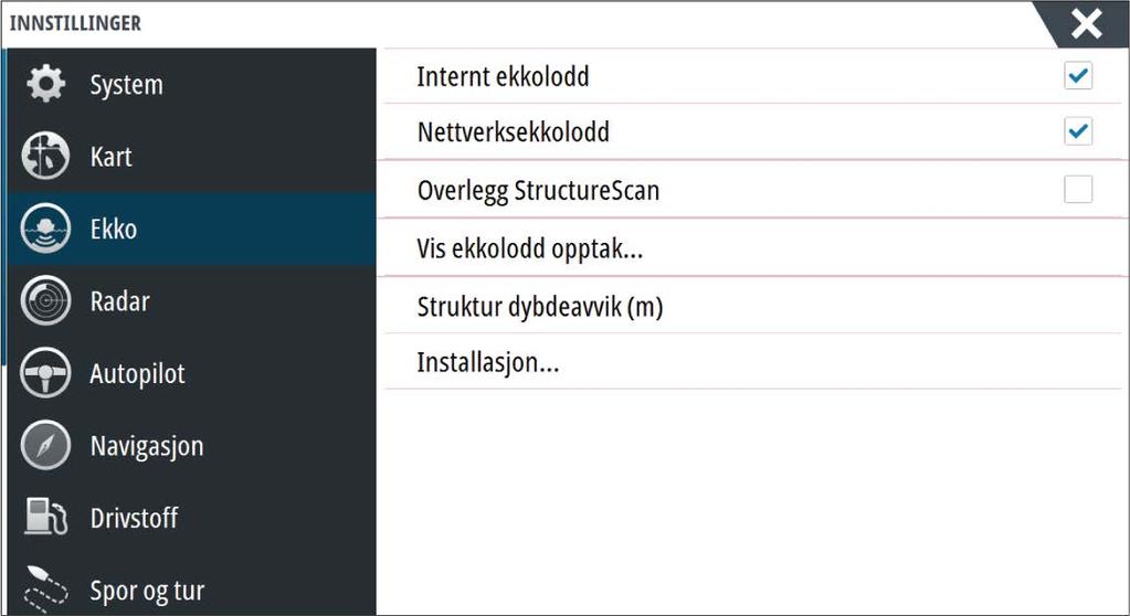 Ú Merk: Ikke alle fiskesymboler er faktisk fisk. Ekkoloddinnstillinger Internt ekkolodd Velg for å gjøre det interne ekkoloddet tilgjengelig for valg i ekkoloddmenyen.