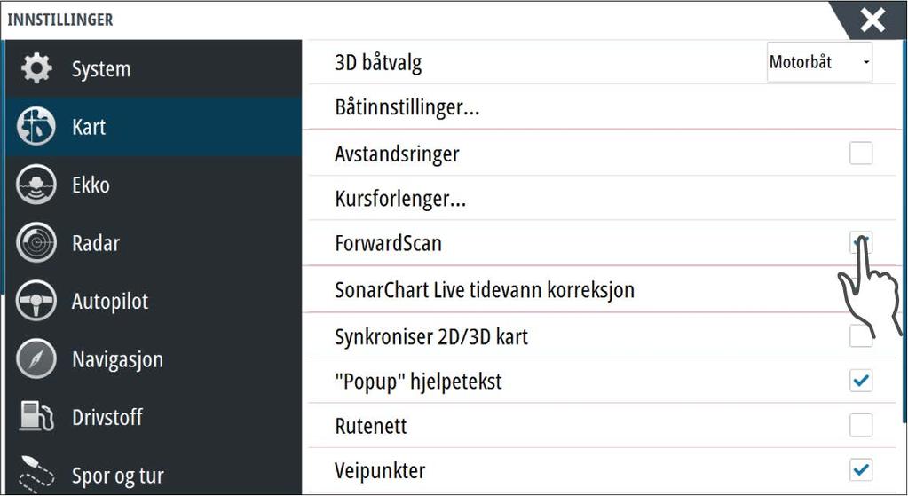 ForwardScan-forlenger 1 Rød Kritisk 2 Gul Fare 3 Grønn Trygt Velg ForwardScan i dialogboksen Kartinnstillinger for å