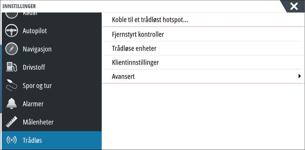 Trådløsinnstillinger Har konfigurerings- og oppsettalternativer for den trådløse funksjonaliteten. Hvis du vil ha mer informasjon, kan du se installasjonshåndboken for NSS evo3.